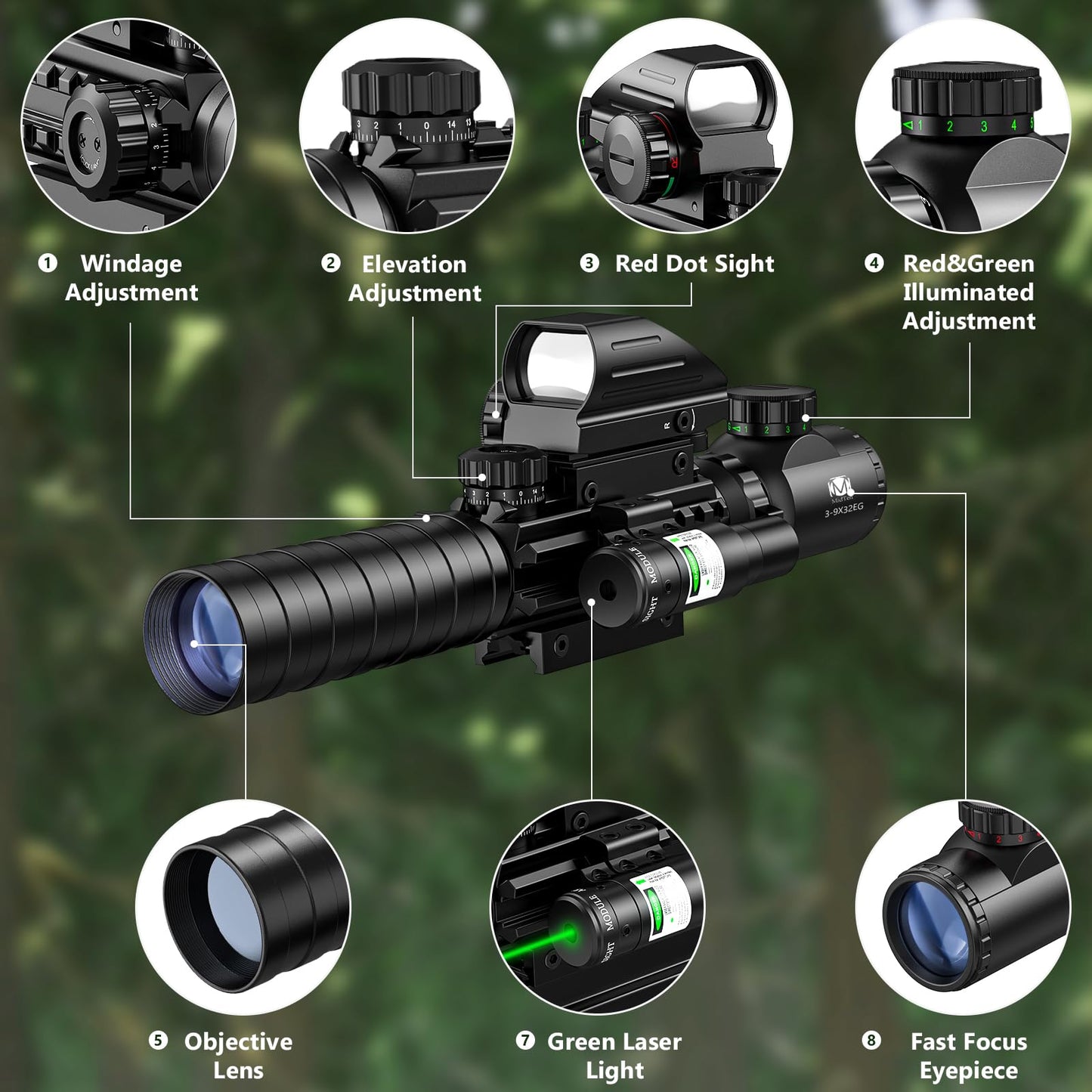 MidTen 3-9x32 4-in-1 Scope Combo with Dual Illuminated Scope Optics & 4 Holographic Reticle Red/Green Dot Sight & IIIA/2MW Laser Sight Rangefinder Illuminated Reflex Sight & 20mm Mount