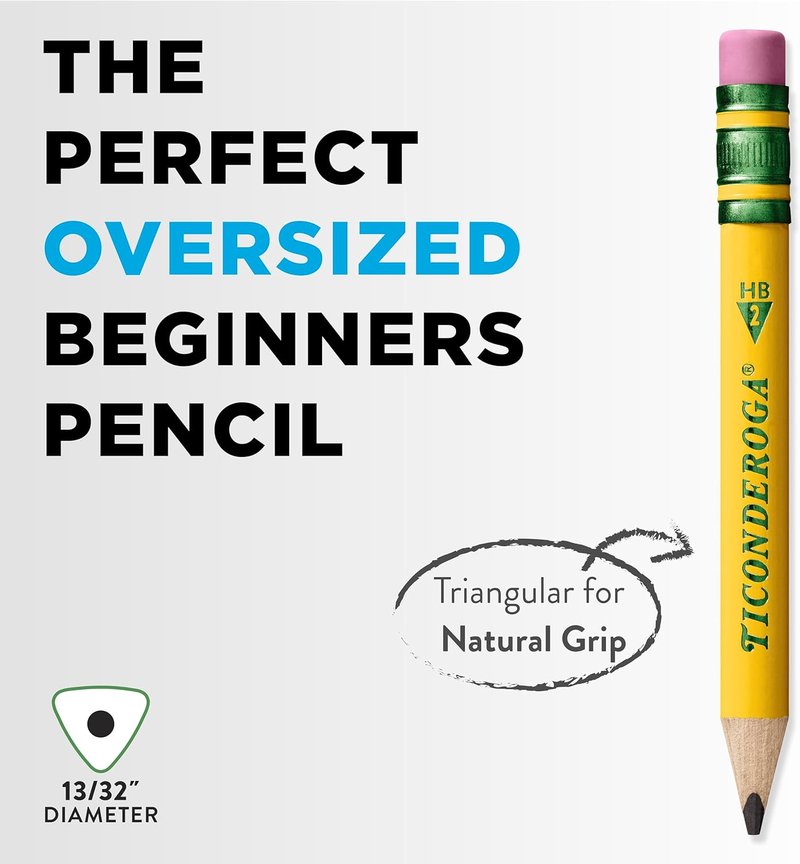 Ticonderoga My First Half-Size Wooden Pencils - Large Triangle-Barrel Pre-Sharpened #2 HB Yellow Pencils with Erasers | 4.5" | 12-Pack