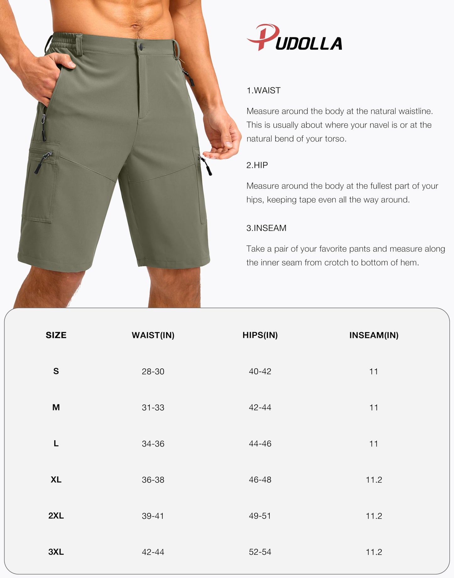 Pudolla Men's Hiking Shorts 11" Lightweight Cargo Work Shorts for Men Summer Travel Golf Casual Outdoor with 5 Pockets(Grey Sage XX-Large)
