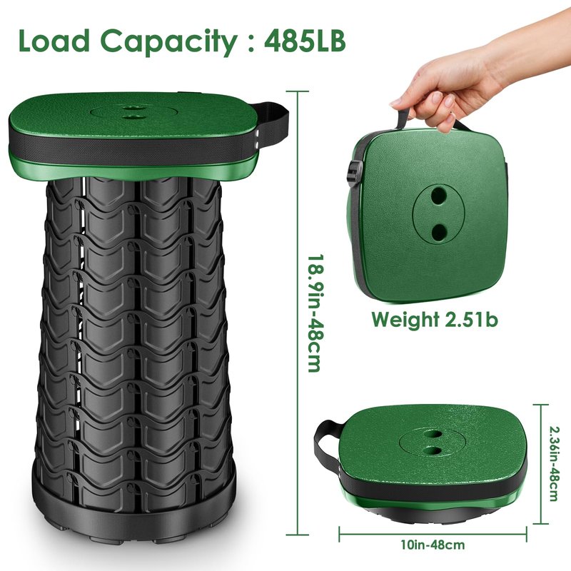 aboutool Folding Camping Stool, Square Collapsible Portable Stool with Elastic Seat Cushion& Adjustable Nylon Bag, Sturdy Lightweight Telescoping Foldable,Max Load 485lb (Green)
