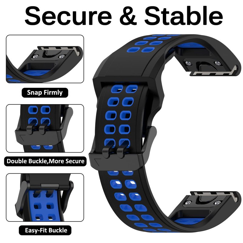 Miimall Compatible for Garmin Fenix 7X/6X/5X Bands, 26mm Width Soft Silicone Sport Waterproof Wristband Strap Band for Garmin Fenix 7X Solar/Fenix 6X/Fenix 5X Plus 26mm Quick-fit Band (Black, Blue)