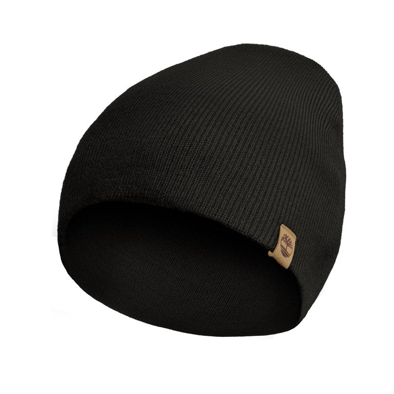 Timberland Men’s Ribbed Pull-On No Cuff Beanie - Soft Rib Knit Winter Hat, Stretch Fit, Warm Classic Look, Suede Logo Clip, Black, One Size