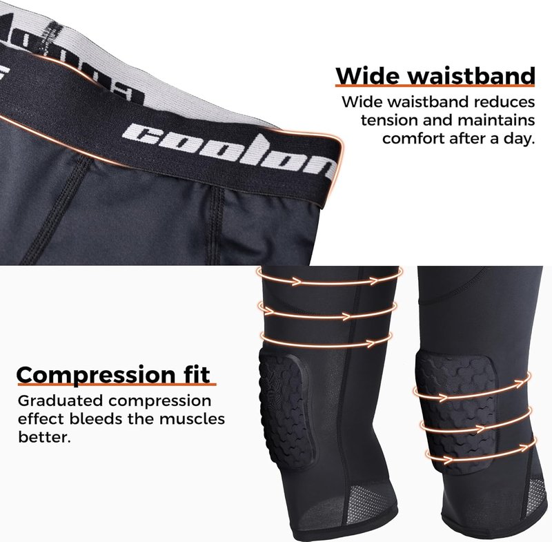 COOLOMG Men Basketball Leggings with Knee Pads 3/4 Padded Compression Pants Black L
