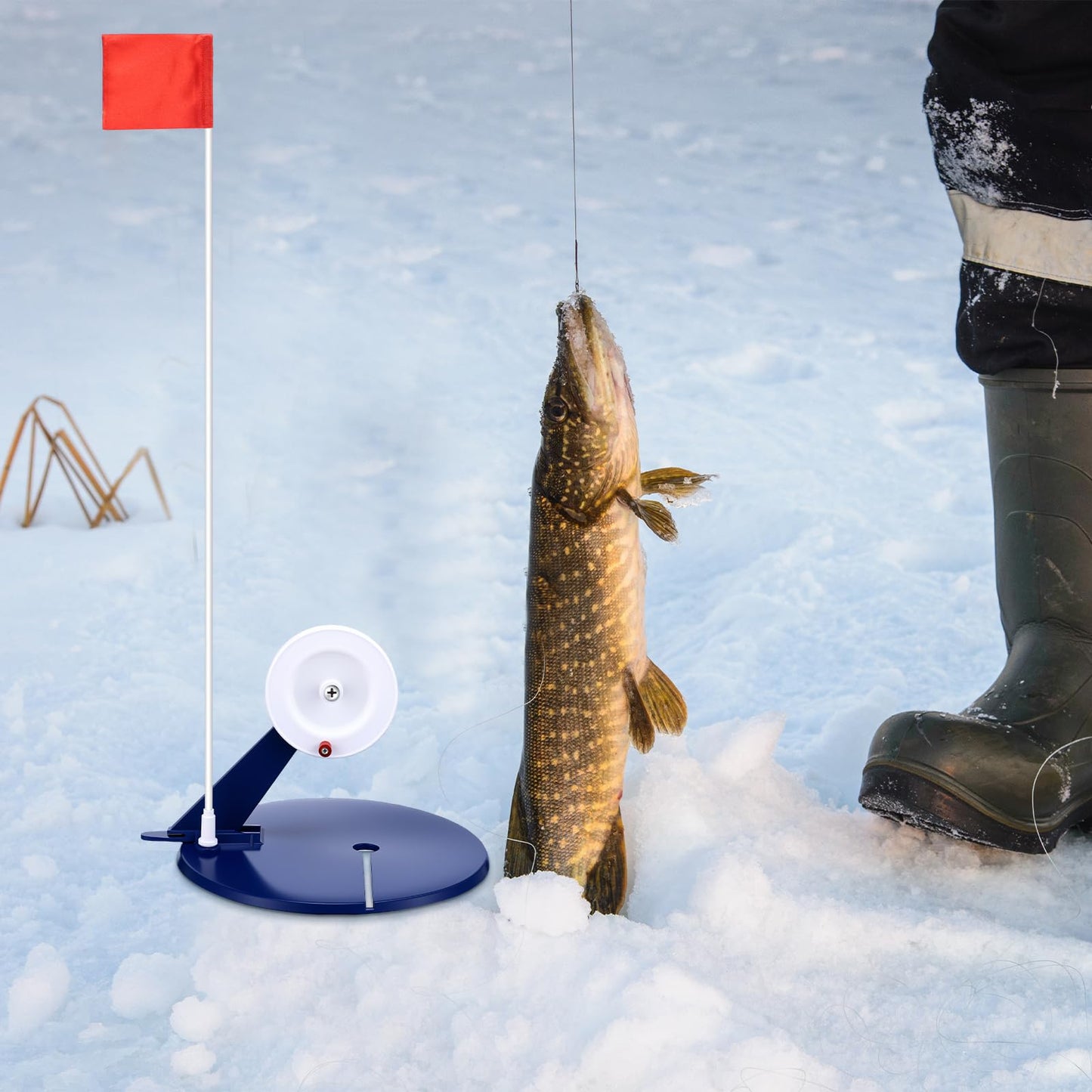 Soulchen 2 Packs Ice Fishing Tip-ups Flag Marker Rod with Portable Pole Flags for Tip-up Anglers Accessory Ice Fishing Equipment Gear, 19.7 Inches