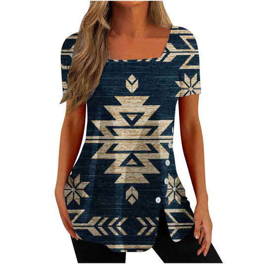 Generic Buy Again My Orders Square Neck Tops for Women Summer Vintage Aztec Geometric Graphic Tee Loose Casual Tshirt Short Sleeve Tunic Split Blouse for Leggings Western Shirt Ladies Gifts