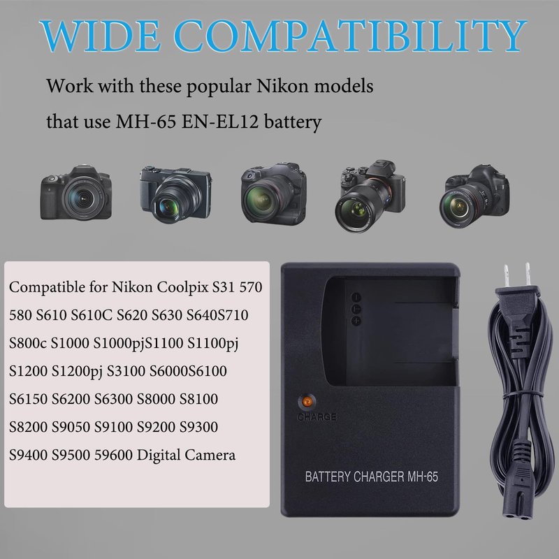 MH-65 Battery Charger for Nikon EN-EL12 Battery Compatible with Nikon Coolpix A1000 B600 AW130 AW110 AW100 A900 W300 S1200pj S9900 S9700 S9500 S9400 S9300 S8200 S6300 S6200 S6100 S800C Cameras