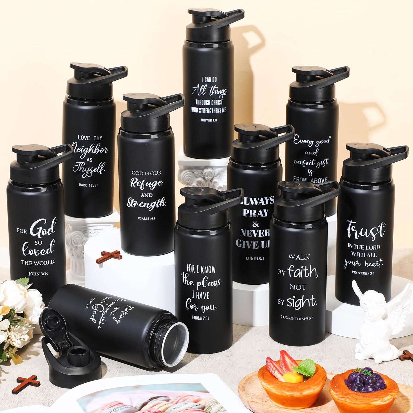Skybooly 10 Pcs Christian Religious Aluminum Water Bottles Bulk 20oz Father's Day Bible Verse Leakproof Reusable Sport Bottle Gift for Church Men Teacher Nurse Gym Travel(Black,English)