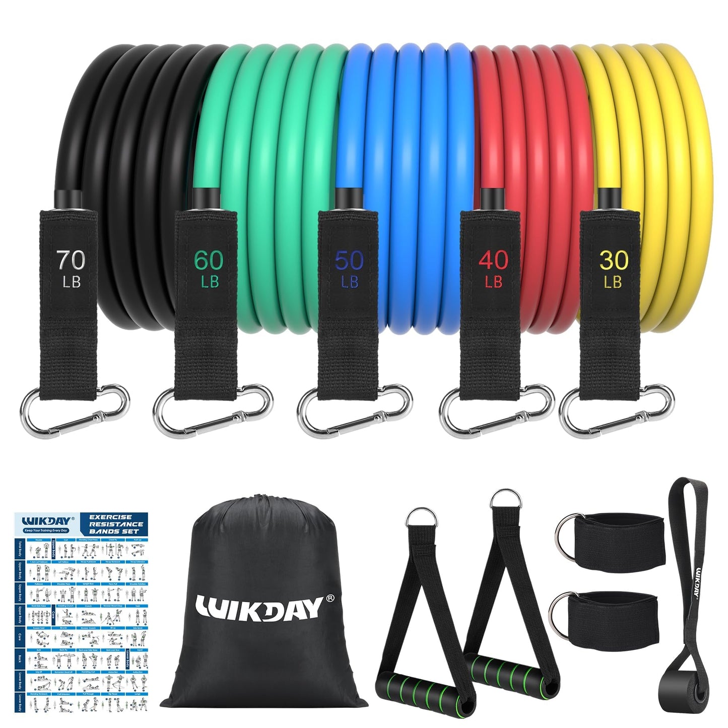 WIKDAY Exercise Resistance Bands with Handles for Working Out, 150/200/250/300 Lbs Workout Bands Set with Door Anchor for Physical Therapy, Yoga, Pilates