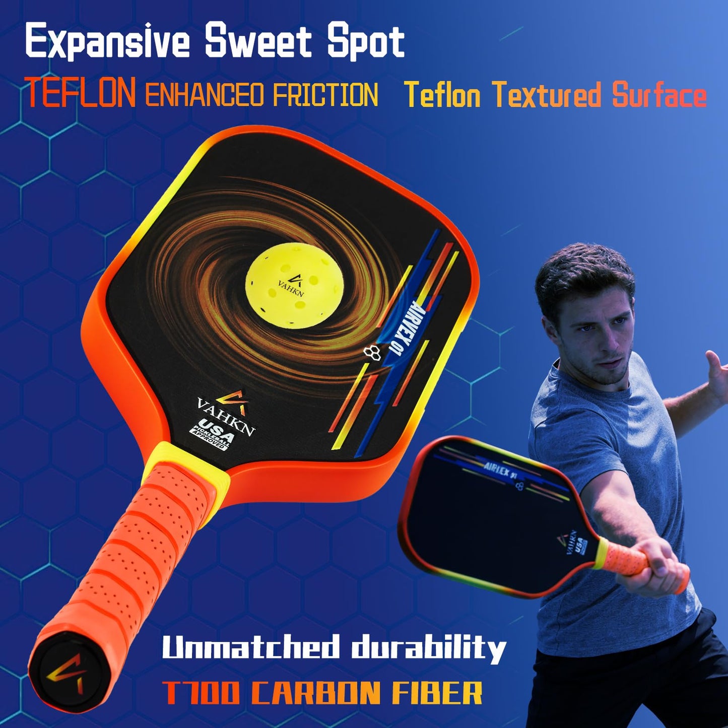 VAHKN Pickleball Paddles |16MM Carbon Fiber Pickleball Paddle | High-Spin Textured Surface & Vibrant Gradient Edge | USAPA Approved Racket for Ultimate Power,Control & Precision (Orange 1PCS)