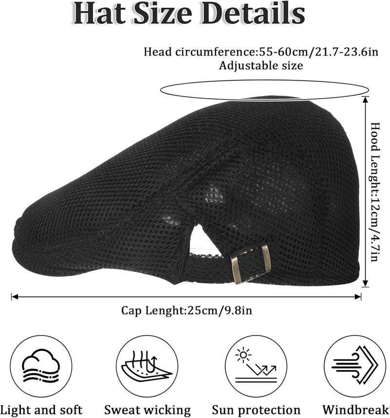 Men's Mesh Flat Cap - Breathable Summer Newsboy Hat | Adjustable Cabbie Ivy Cap