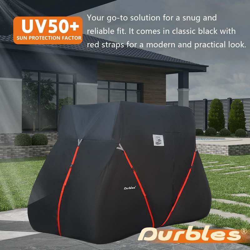 Durbles Golf Cart Cover, Waterproof 420D Oxford Fabric, Windproof 3-Strap Design, Universal Fit with Reflective Strips (Fit for 2 Seat M- Size 95”L x 48”W x 66”H)