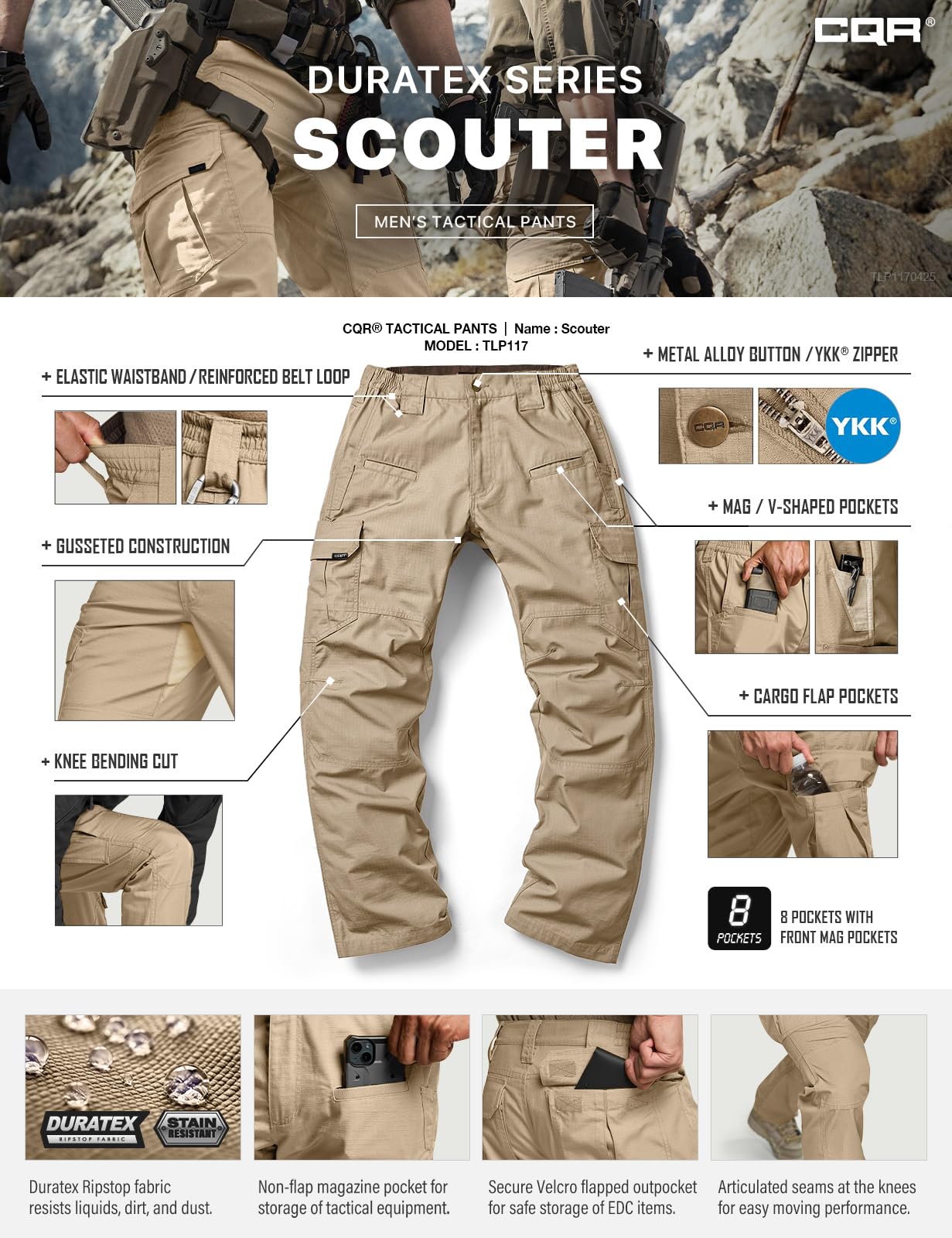 CQR Men's Tactical Pants, Water Resistant Ripstop Cargo Pants, Lightweight EDC Work Hiking Pants, Outdoor Apparel, Raider Khaki, 30W x 32L