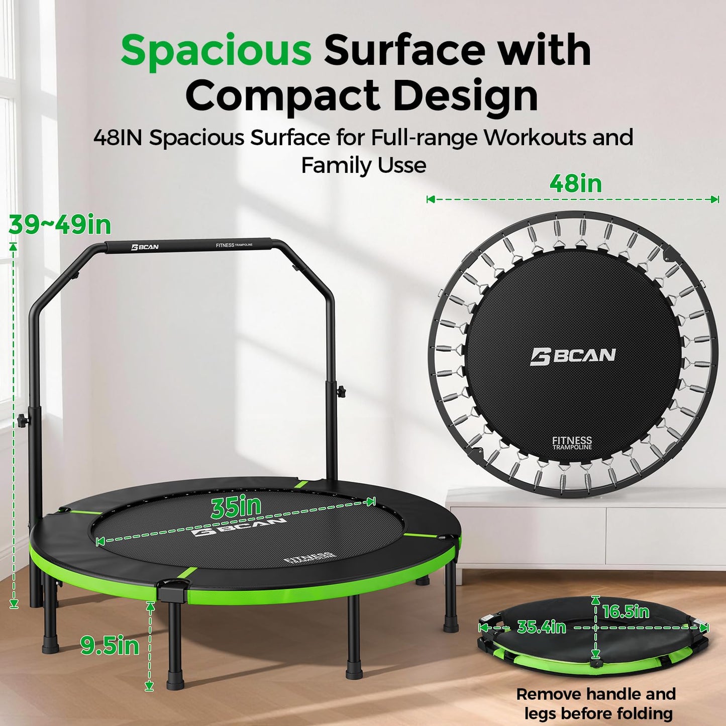 BCAN SP3 40"/48" Foldable Mini Trampoline, Rebounder Trampoline for Adults, U/T Adjustable Foam Handle, Exercise Rebounder for Adults Indoor/Garden Workout, Max Load 330lbs/440lbs-48U-Green
