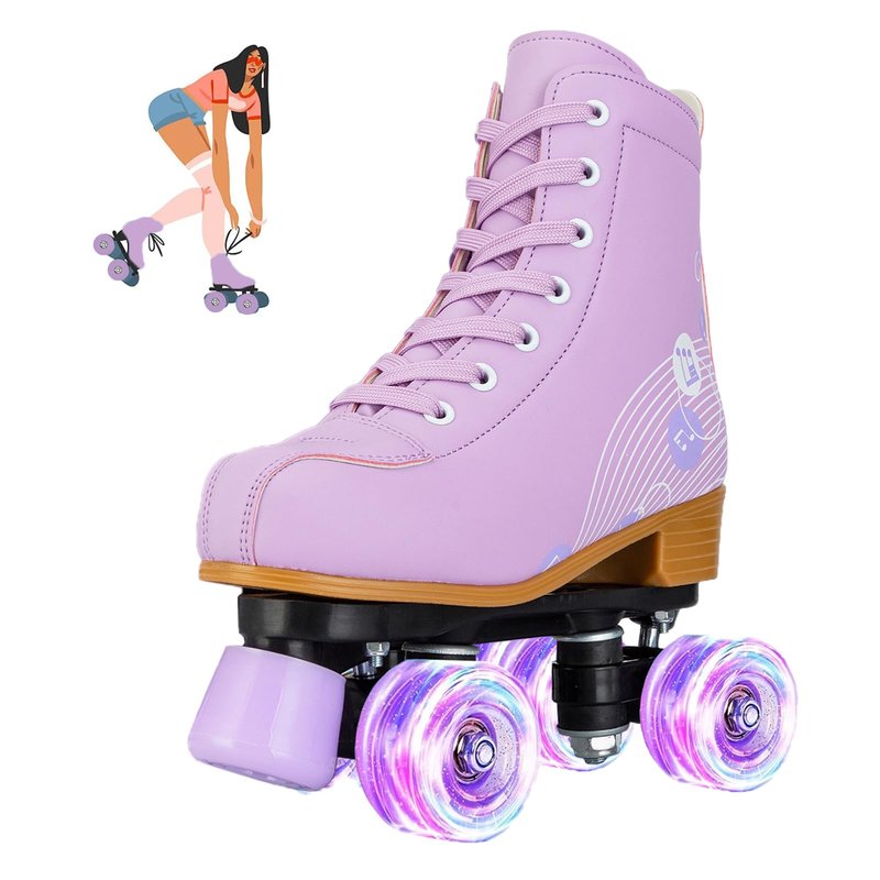 Jessie Roller Skates Women and Girl, PU Leather Light up Kids Roller Skates, Cute Adjustable Four-Wheel Beginner Wome Roller Skates Girls Ages 8-12 Outdoor (Women's 8.5,Purple Printing)