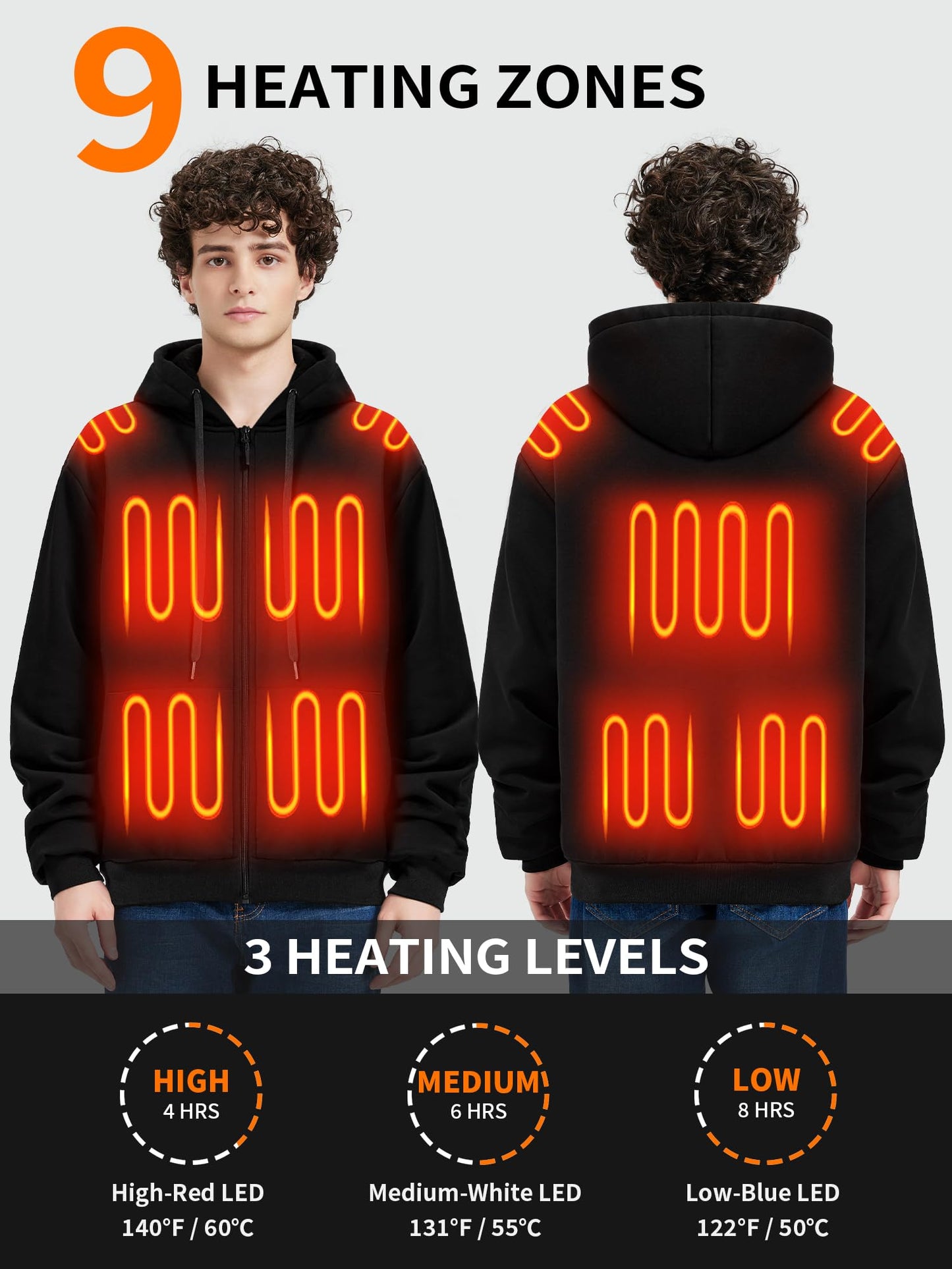 FrostVoyage Heated Hoodie with 18400mah Battery Pack, 9 Heating Zones, Dual Control, Full-Zip Heated Sweatshirt Hoodie for Men Women Black