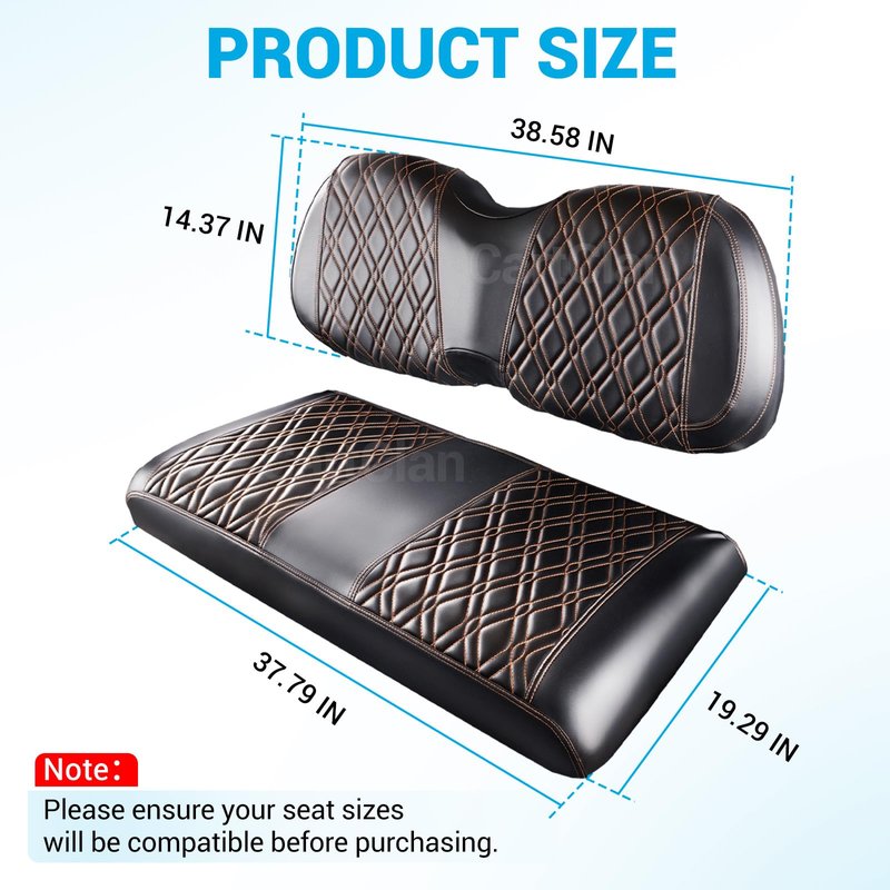 CartClan Golf Cart Seat Covers Suitable for Club Car Precedent Standard Front Seat Cushion, Golf Cart Front Seat Covers Kit No Drilling & Waterproof (Black PVC Leather & Brown Stitching)