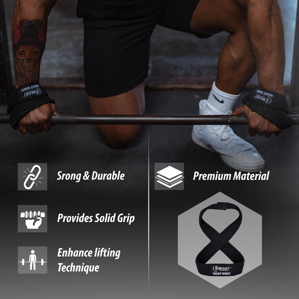 Beastpowergear Figure 8 Strap | Heavy Duty Deadlift Weight Lifting Power Wrist Strap | Weightlifting Powerlifting Shrugs Workout Men Women (Black, Medium 12” (Up to 8.5 Wrist Circumference))