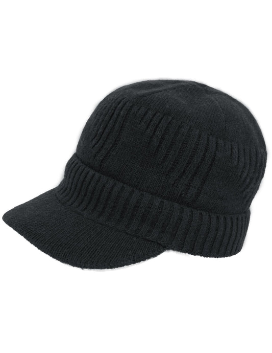 Dahlia Men's Beanie with Visor, Wool Winter Hat, Ribbed, Fleece Lined, Black