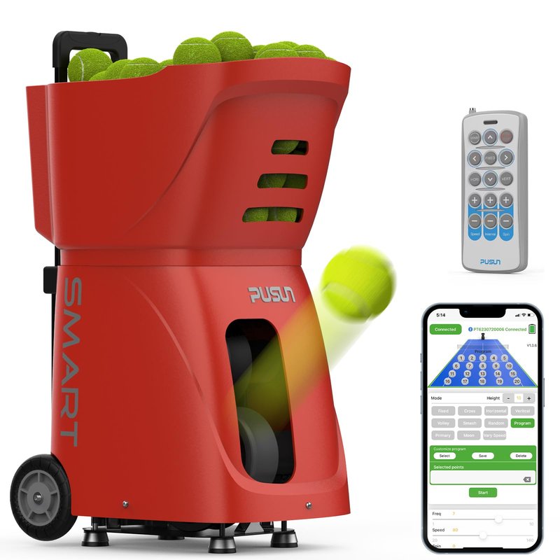 PUSUN PT-SAMRT-Professional Tennis Ball Machine with App Control - 100+ Ball Capacity - 12 Training Modes - 4-6 Hours Battery Life (Red)