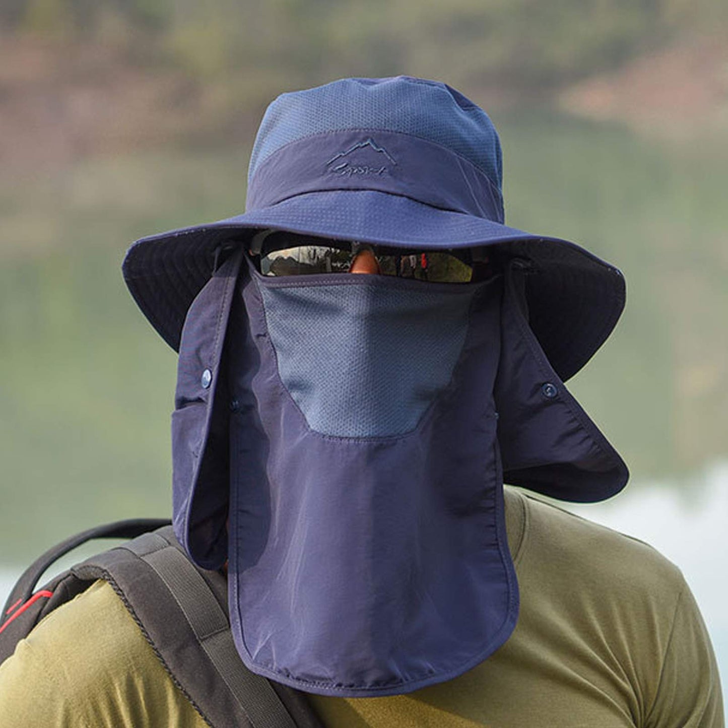 Fishing Hat for Men & Women, Outdoor UV Sun Protection Wide Brim Hat with Face Cover & Neck Flap Dark Blue