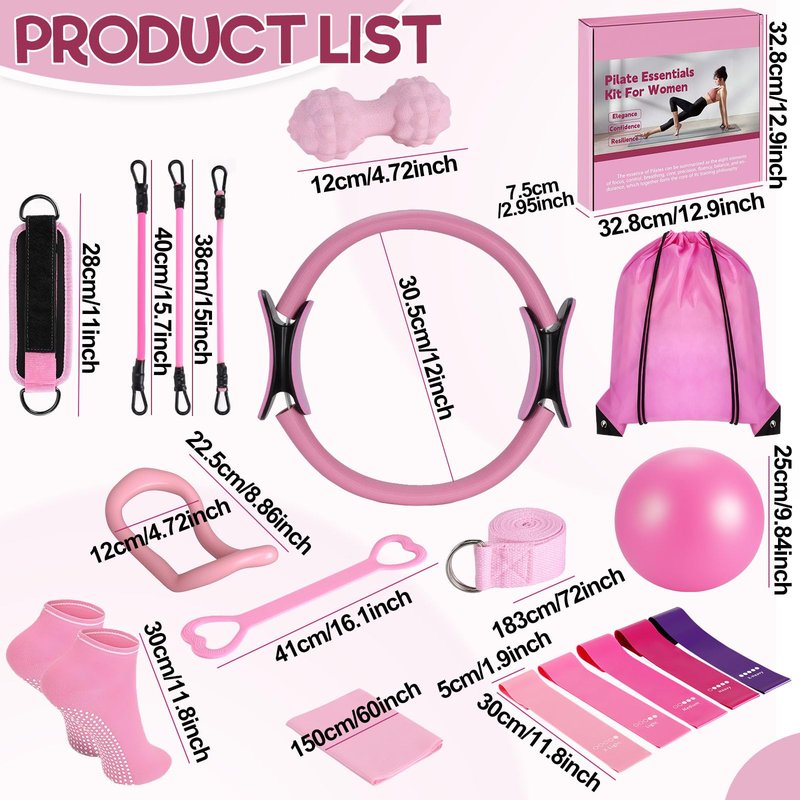 21 Pcs Pilates Ring Set for Women, Comprehensive At Home Pilates Kit with 12" Magic Circle, Pilates Ball, 5 Resistance Bands & Grip Socks, Full Body Sculpting Pilates Equipment for Home Workouts
