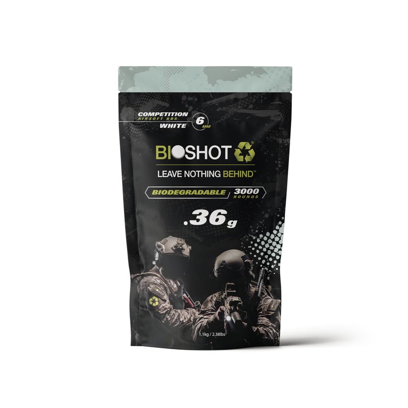 BioShot Biodegradable Airsoft BBS - .36g Super Slick Seamless Sniper Weight Competition Match Grade for All 6mm Airsoft Guns and Accessories (3000 Rounds, White)