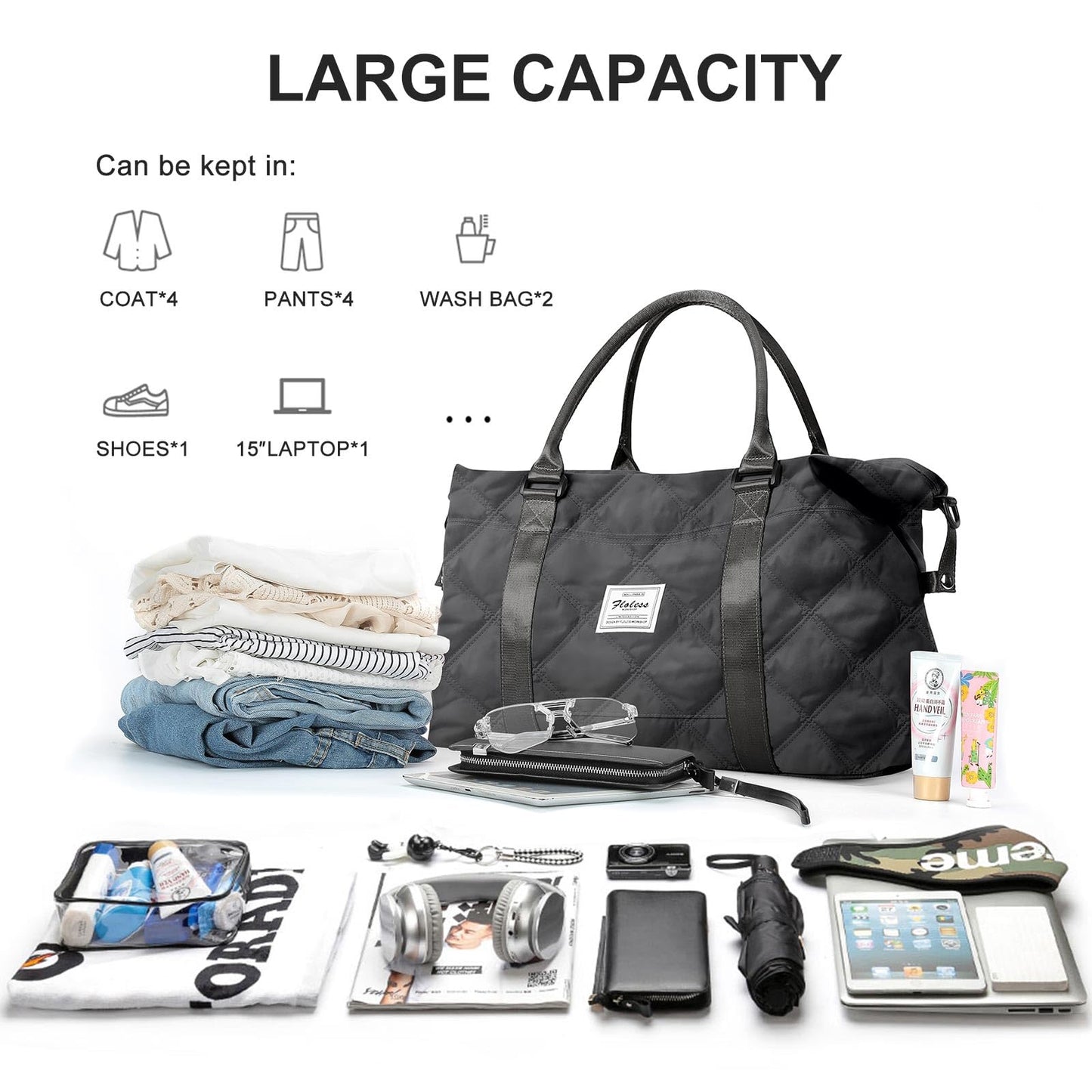 Sport Travel Duffle Bag Large Gym Tote Bag for Women, Weekender Bag Carry on Bag for Airplane, Ladies Beach Bag Overnight Bag Waterproof Bag Luggage Bag with Wet Bag Black Grey