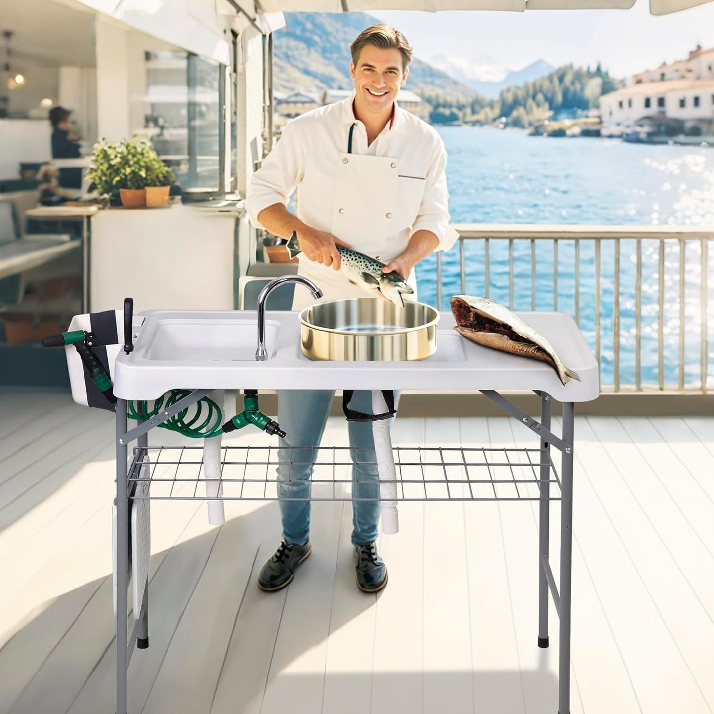 Folding Fish Cleaning Table with Sink - Portable Outdoor Fish Fillet Cutting Station | 42.4" with Drainage Hose & Grid Rack
