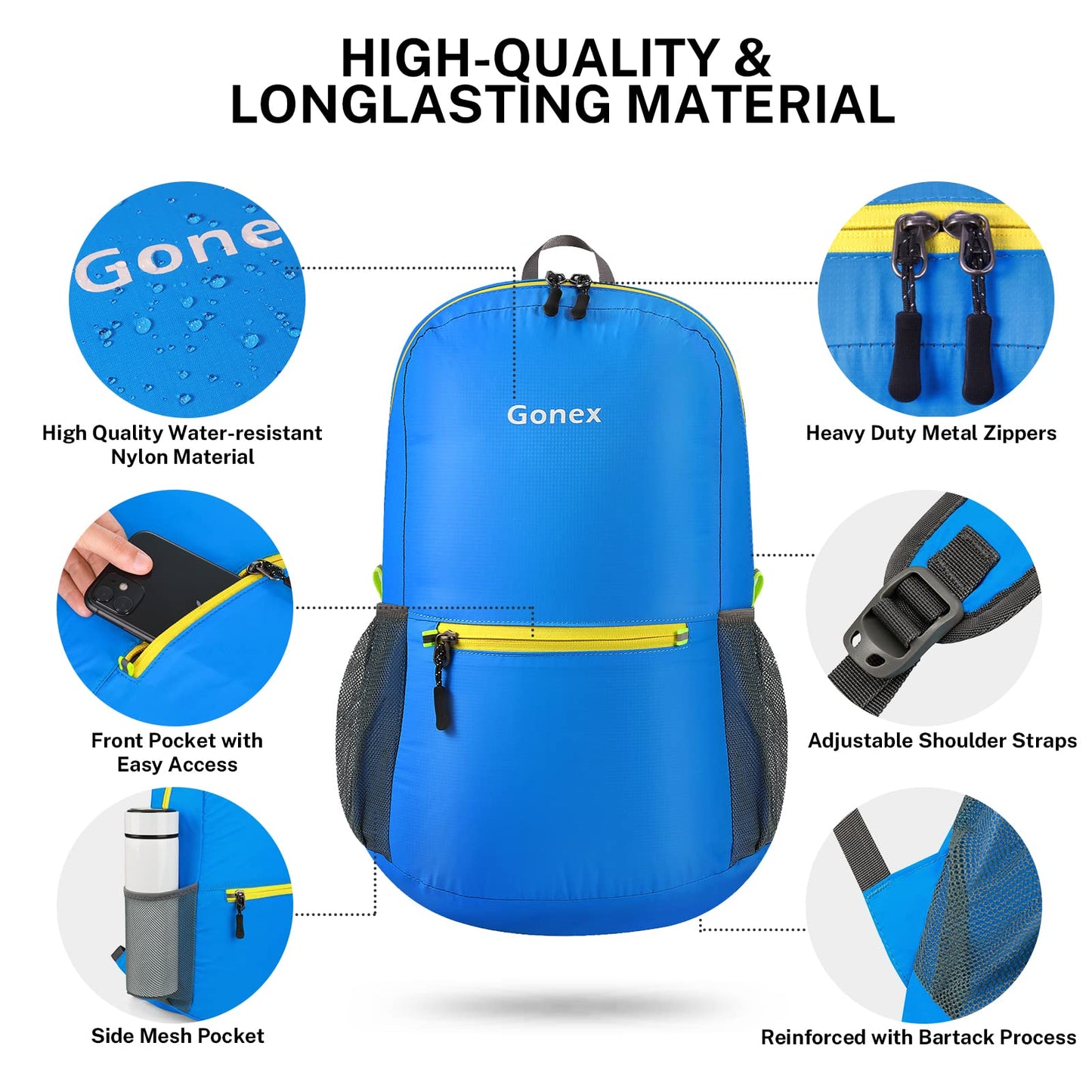 Gonex Ultra Lightweight Packable Backpack Daypack Handy Foldable Camping Outdoor Travel Cycling Backpacking(Blue)