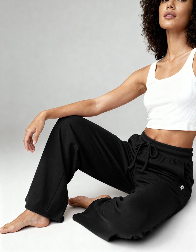 U.S. POLO ASSN. Wide Leg Sweatpants for Women Soft Fleece-Backed Jersey Knit, Baggy Sweatpants Open Leg (Black, Medium)