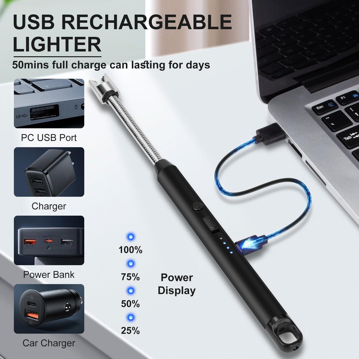 LcFun 2 Pack Candle Lighter USB C Rechargeable Electric Lighters with 360° Flexible Neck & Safety Lock, Windproof Flameless Lighters Long Stem Matches for Candle, Grill, BBQ, Gas Stoves