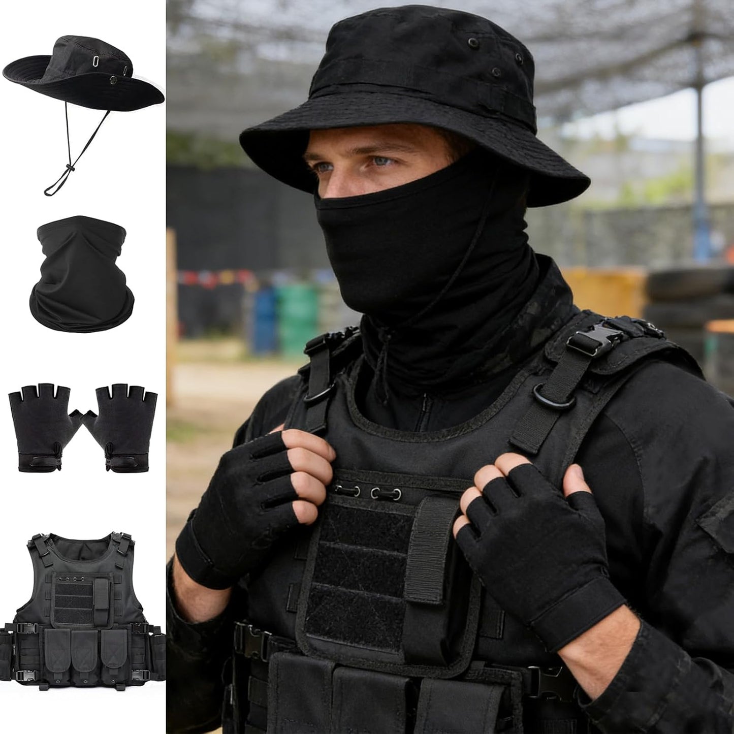 Tactical Molle Airsoft Vest with Pouches, Gloves & Balaclava | Military Costume Gear for Men