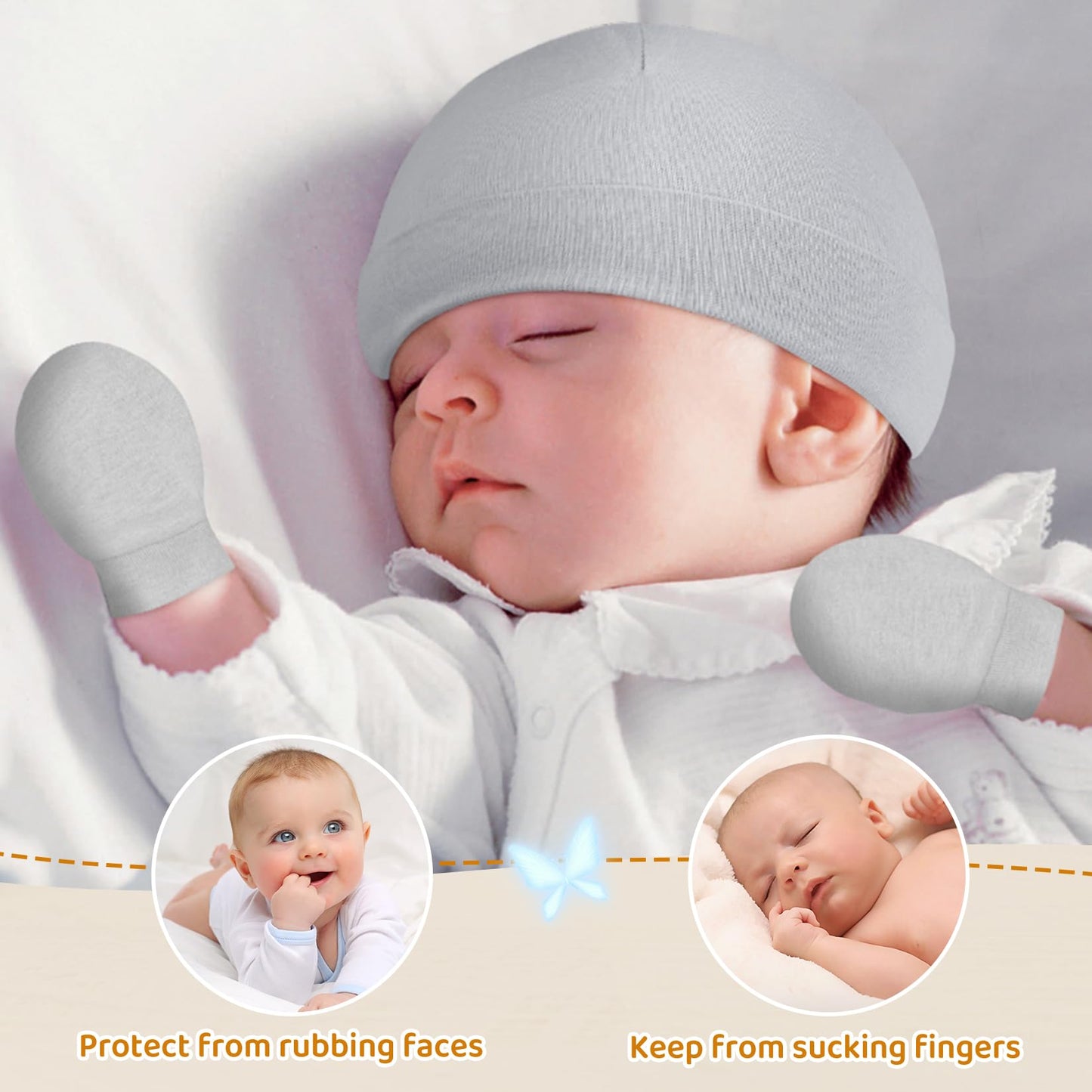 Century Star Cotton Newborn Baby Beanie Hats and Mittens Set Infant Hats for Baby Boy Girl Hats 0-6 Months for Halloween 1Pc White 0-6 Months