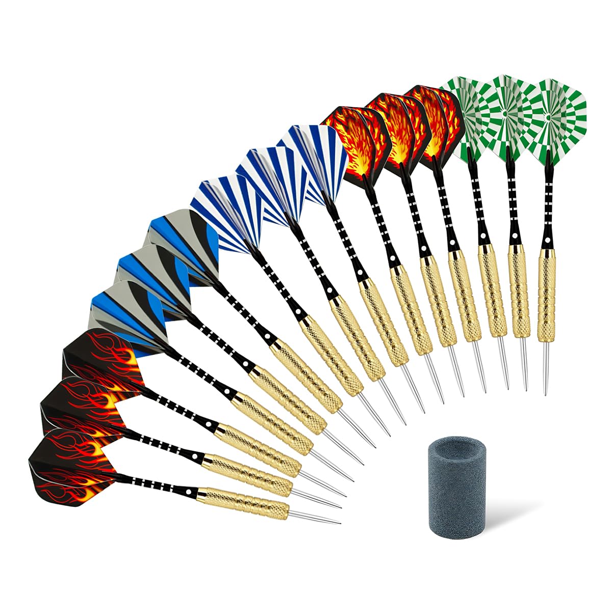 Wolftop 15 Pack Steel Tip Darts 18 Grams, Professional Darts Metal Tip Set with Aluminum Shafts, Standard Flights, Rubber O'Rings and Extra Dart Sharpener