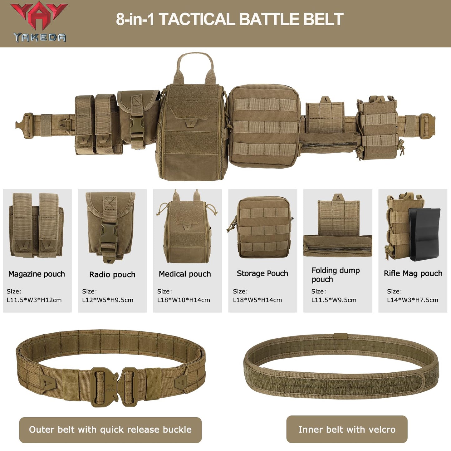 YAKEDA Molle Battle Belt Tactical Combat Belt Quick Release Rigger 1.75 Inch Inner & Outer EDC Belt Heavy Duty Belts Law Enforcement for Men (Tan)