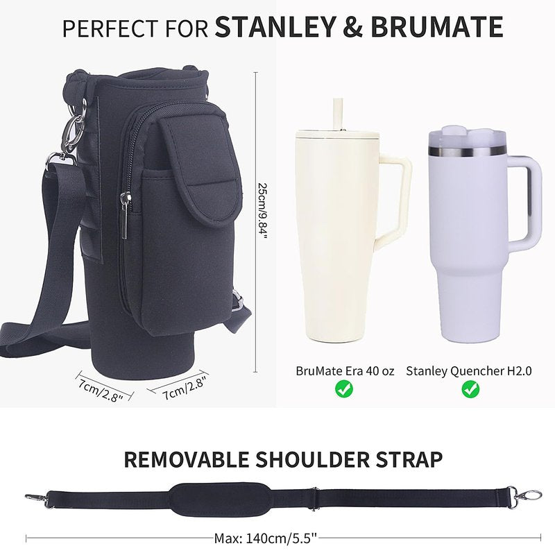 GHJTFC 40OZ Magnetic Water Bottle Carrier Bag, Compatible with Stanley Cup, with 5 Strong Magnets, Detachable Shoulder Strap, Hand Strap and Multiple Storage Pouches (Black)