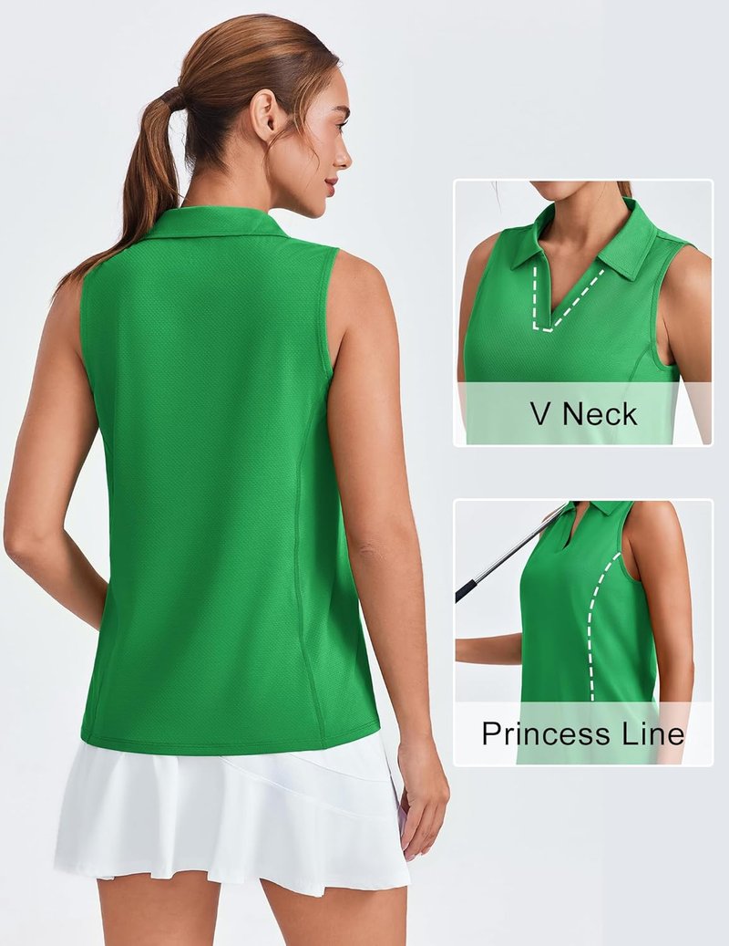 Women's Golf Shirt - UPF 50+ Sleeveless Polo Tank Top | Quick-Dry V-Neck for Tennis & Pickleball
