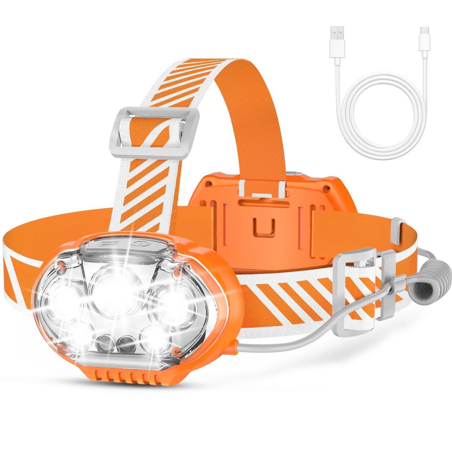 MIOISY Rechargeable Headlamp, 20000 High Lumen 5 LED Head Lamp with Red White Light, IPX4 Waterproof Headlight,8 Mode Head Flashlight for Outdoor Running Hunting Fishing Hiking Camping Gear-Orange