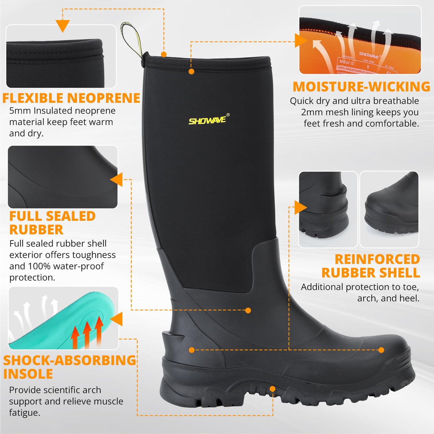 Showave Men's Rubber Boots Knee High Waterproof Insulated Rain Boots for Mud Outdoor Hunting(Black 9)