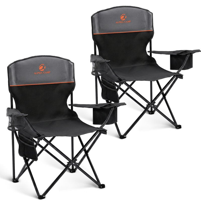 ALPHA CAMP Camping Chairs 250LBS Capacity, Heavy Duty Folding Chair with 4-Can Cooler Bag, Portable Outdoor Chair with Cup Holder for Adults, Collapsible for Tailgating, Beach, Fishing,Black,2PC