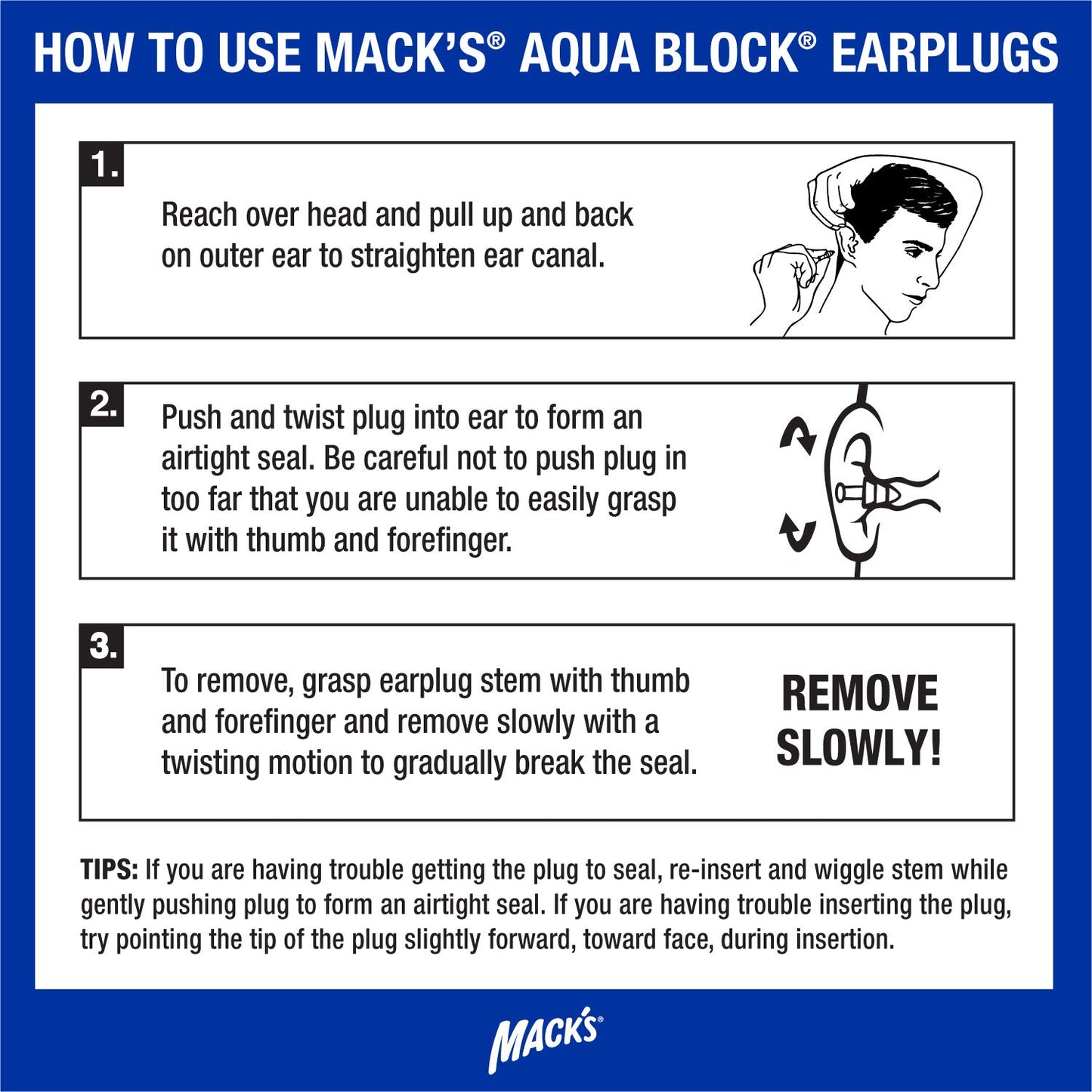 Mack's AquaBlock Swimming Earplugs, 3 Pair - Comfortable, Waterproof, Reusable Silicone Ear Plugs for Swimming, Snorkeling, Showering, Surfing and Bathing (Clear)