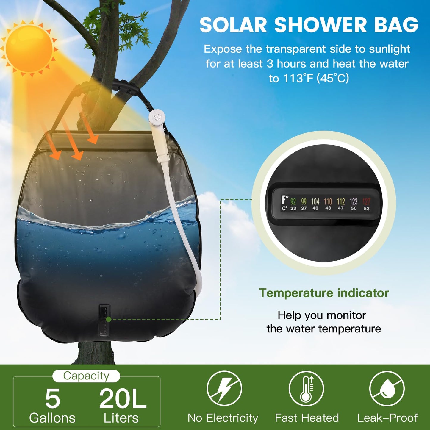 sapsisel Camping Shower Bag, 5 Gal/20L Solar Heating Camping Shower with Upgraded Hose and Shower Head,Portable Shower for Camping Hiking, Traveling (1 Pack)