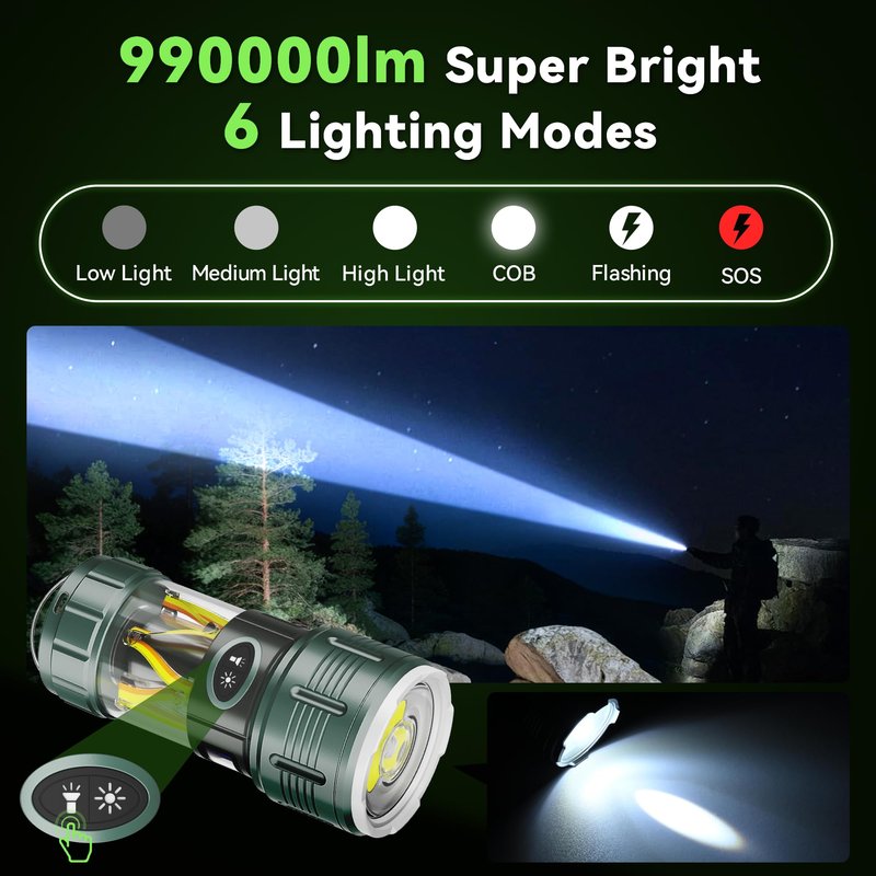 AUDERWIN Rechargeable Flashlights High Lumens, 10 Modes 990000 Lumens Super Bright Handheld LED Flashlight, 4500mAh Waterproof Powerful Camping Flashlight for Emergency, Hiking