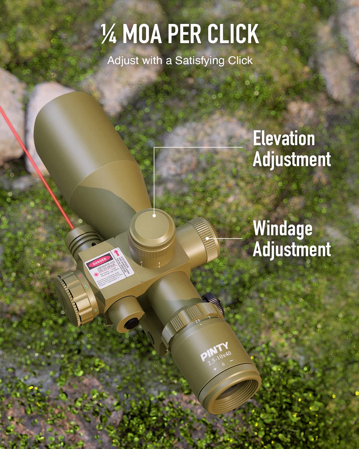 PINTY Rifle Scope 2.5-10x40 with Red Laser Sight for 20mm Picatinny or Weaver Rail Rifles, RG Illuminated Mil Dot w Multicoated Lenses 5 Brightness Settings & Batteries, Flat Dark Earth