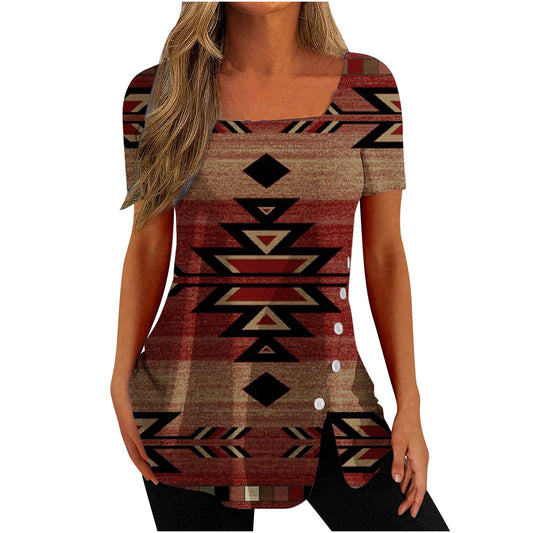 Generic Buy Again My Orders Square Neck Tops for Women Summer Vintage Aztec Geometric Graphic Tee Loose Casual Tshirt Short Sleeve Tunic Split Blouse for Leggings Western Shirt Ladies Gifts