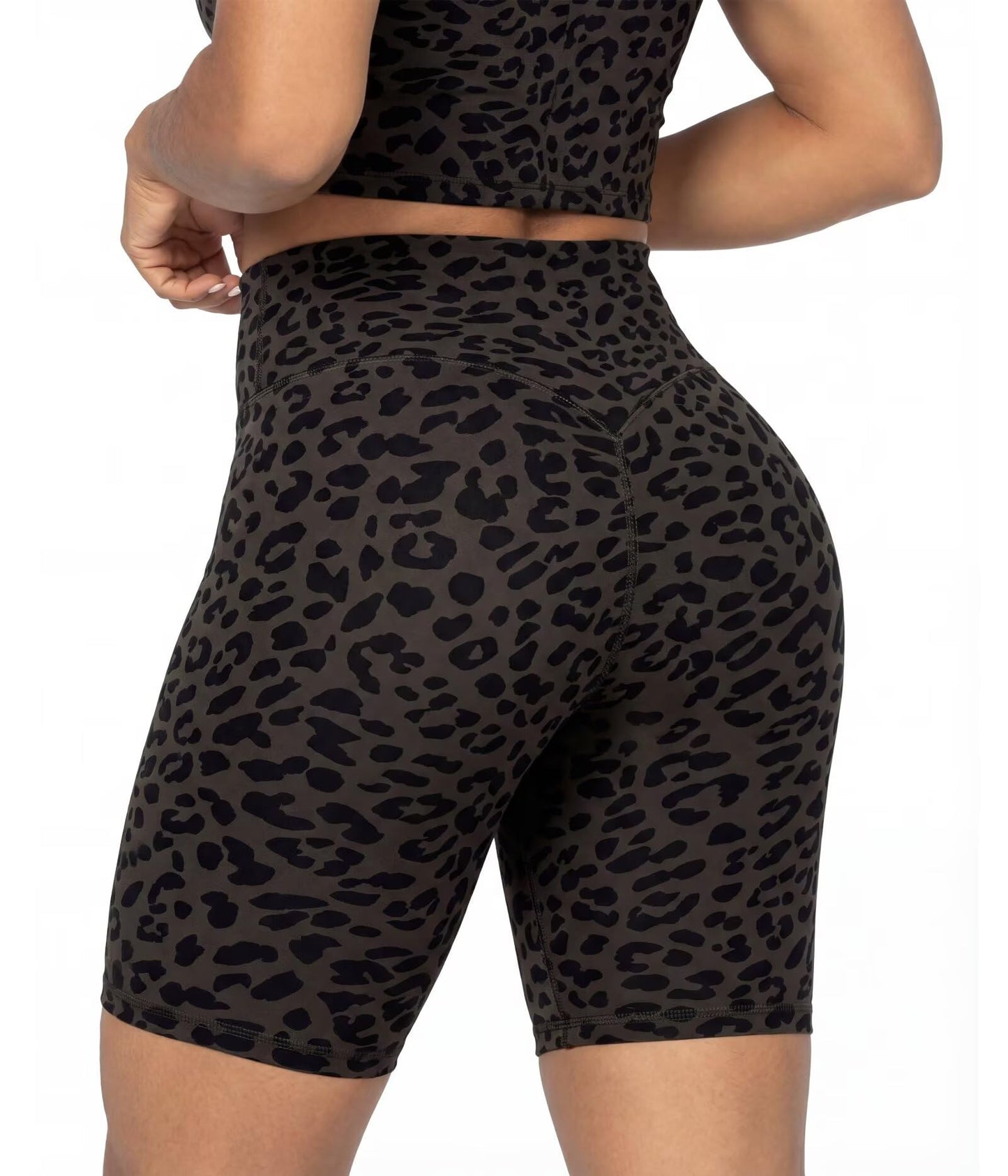 Sunzel 8" Waist Biker Shorts for Women No Front Seam Soft Yoga Workout Gym Bike Shorts Tummy Control Squat Proof Leopard Seal Brown Small