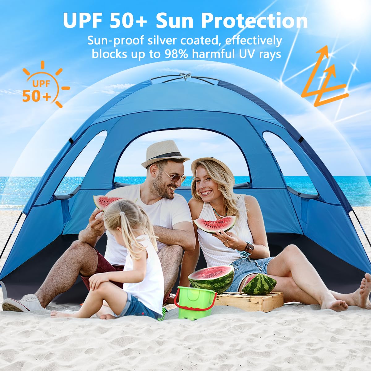 NXONE Beach Tent Sun Shade Shelter for 2-3 Person with UV Protection, Extended Floor, 3 Mesh Roll Up Windows & 8.0mm Fiberglass Rods丨Carry Bag Included (Sky Blue)
