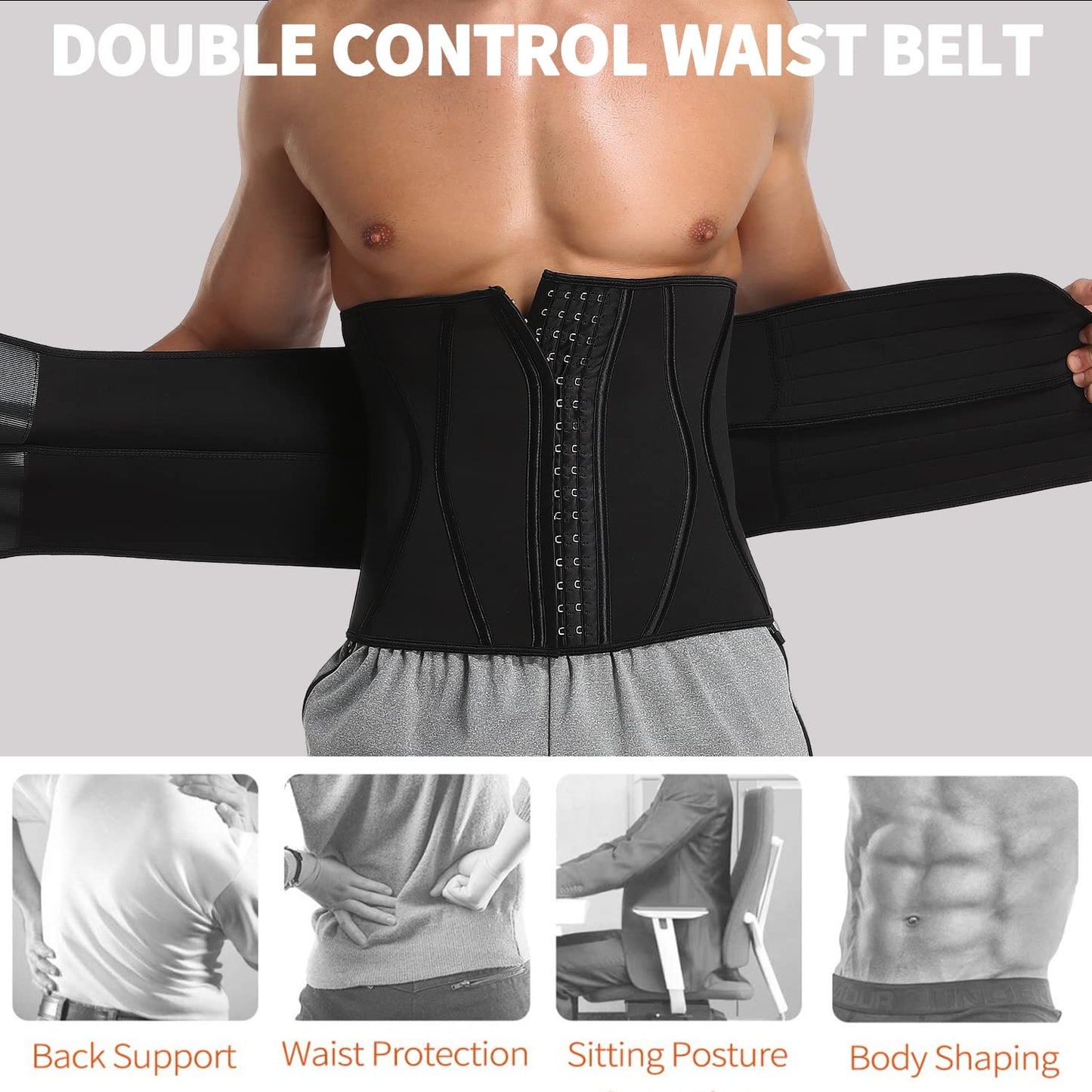 KIWI RATA Neoprene Workout Waist Trainer for Men Sweat Belt with Double Belly Straps, X-shape Steel Bones