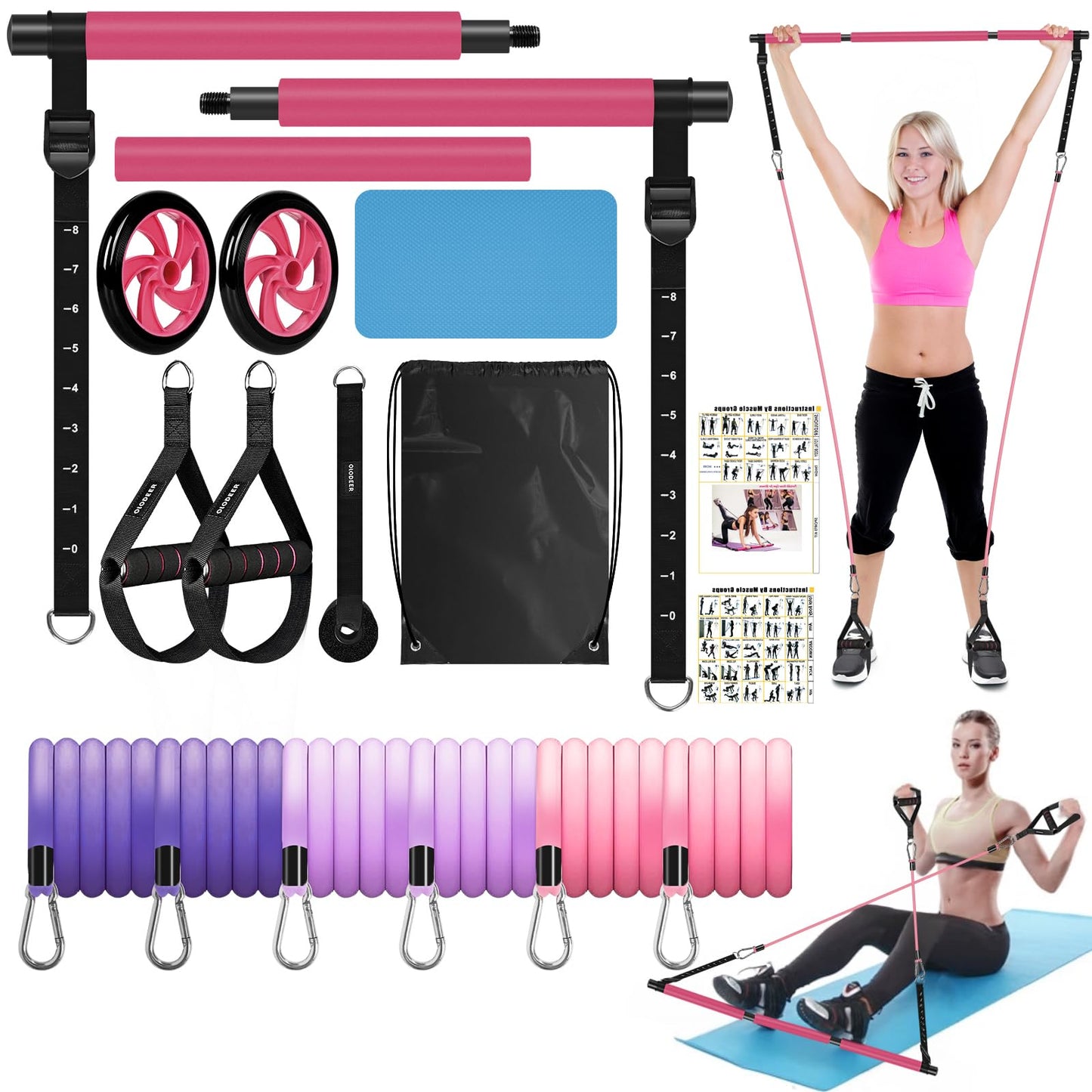 Pilates Bar Kit with Resistance Bands for Working Out, Pilates Equipment with Ab Roller for All Fitness Levels, Portable Home Gym Full Body Workout Equipment for Women&Men