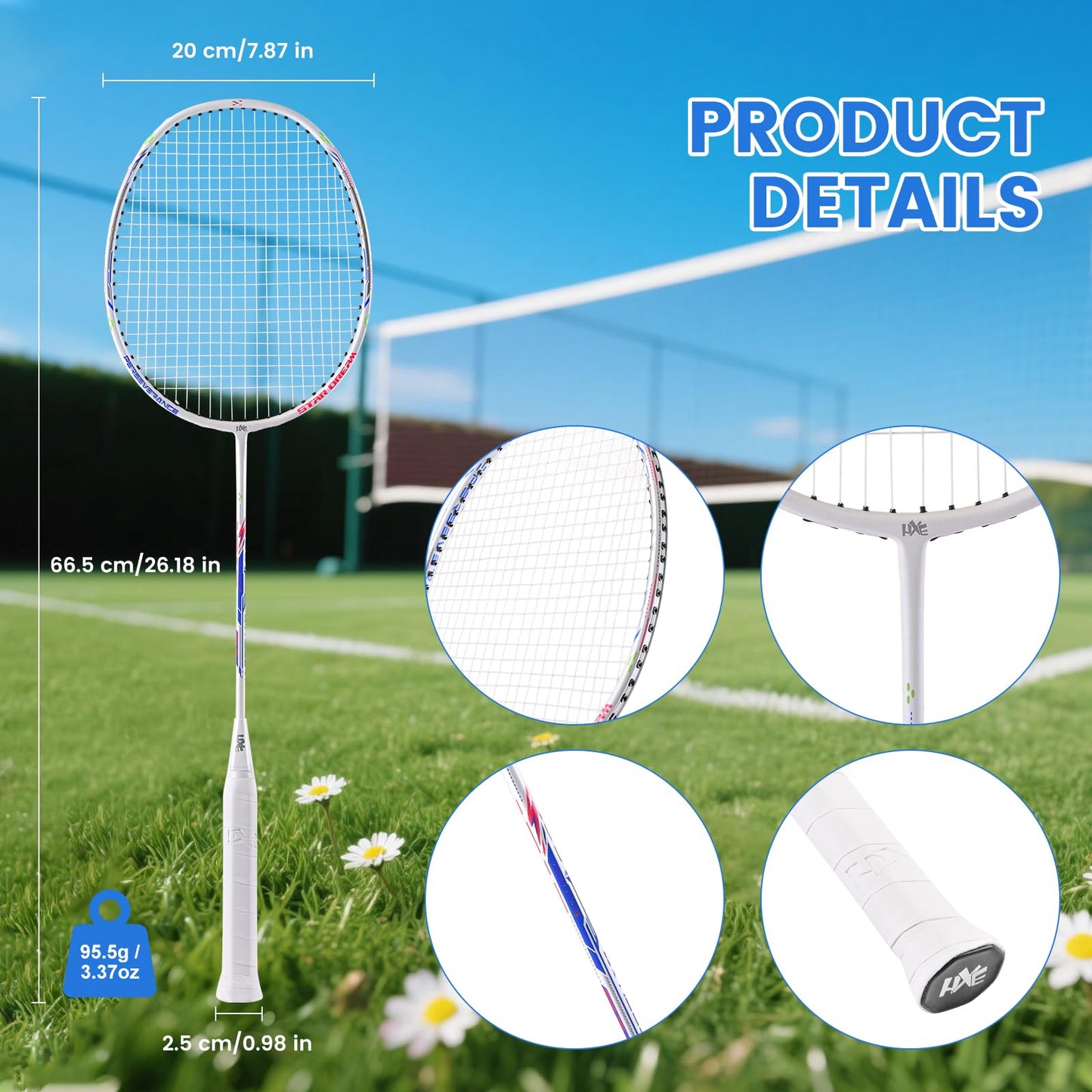 HXE Badminton Rackets Set, Lightweight Badminton Set for Outdoor Backyard Games Gym, Including 2 Racquets, 3 Shuttlecocks, 2 Replacement Grip Tapes and 1 Carry Bag, 2 Player Rackets for Beginners 4U